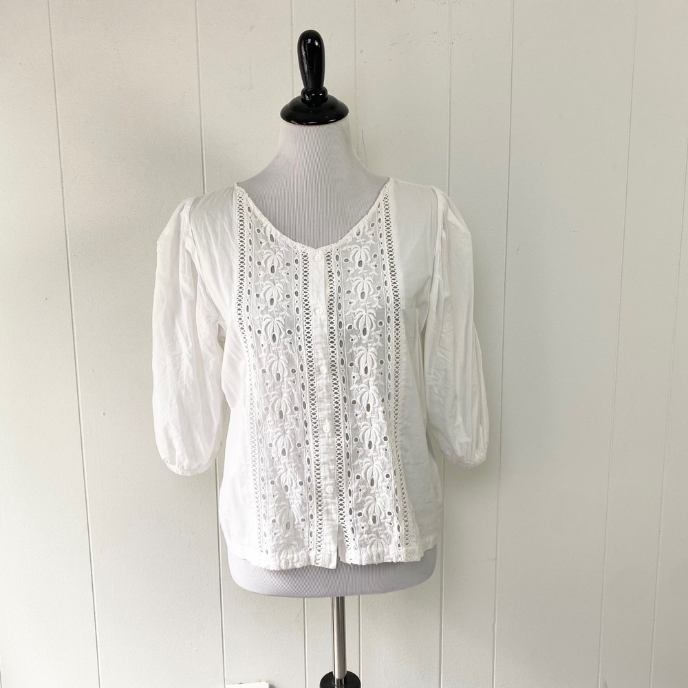 Simple Retro White Eyelet Lace Puff Sleeve Blouse Boho Cotton Top Large